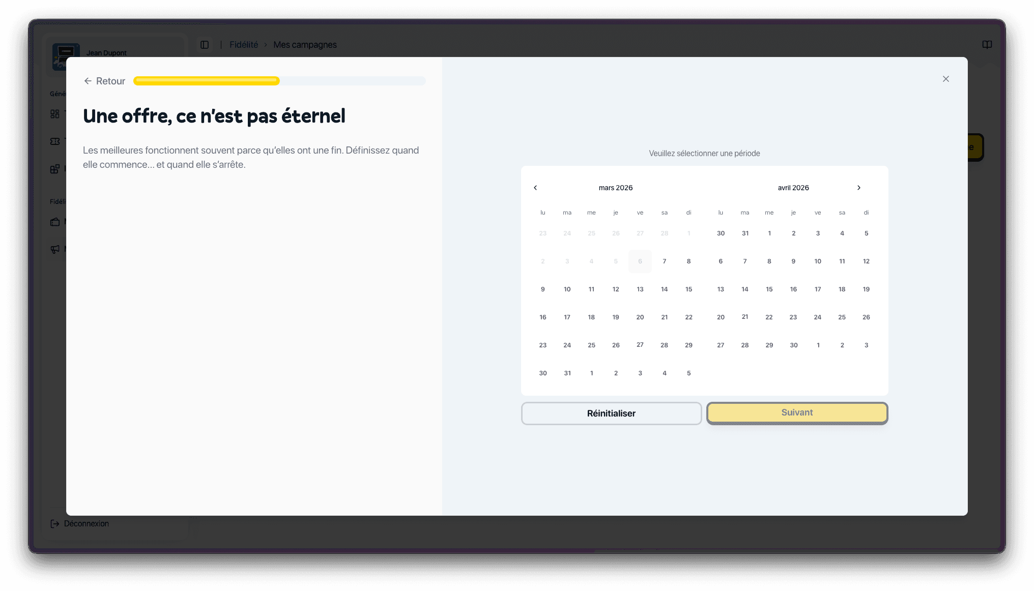 Sélection de la période de validité d'une campagne