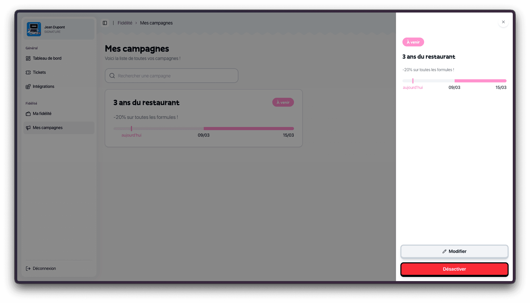Volet de détail d'une campagne avec options de modification et désactivation