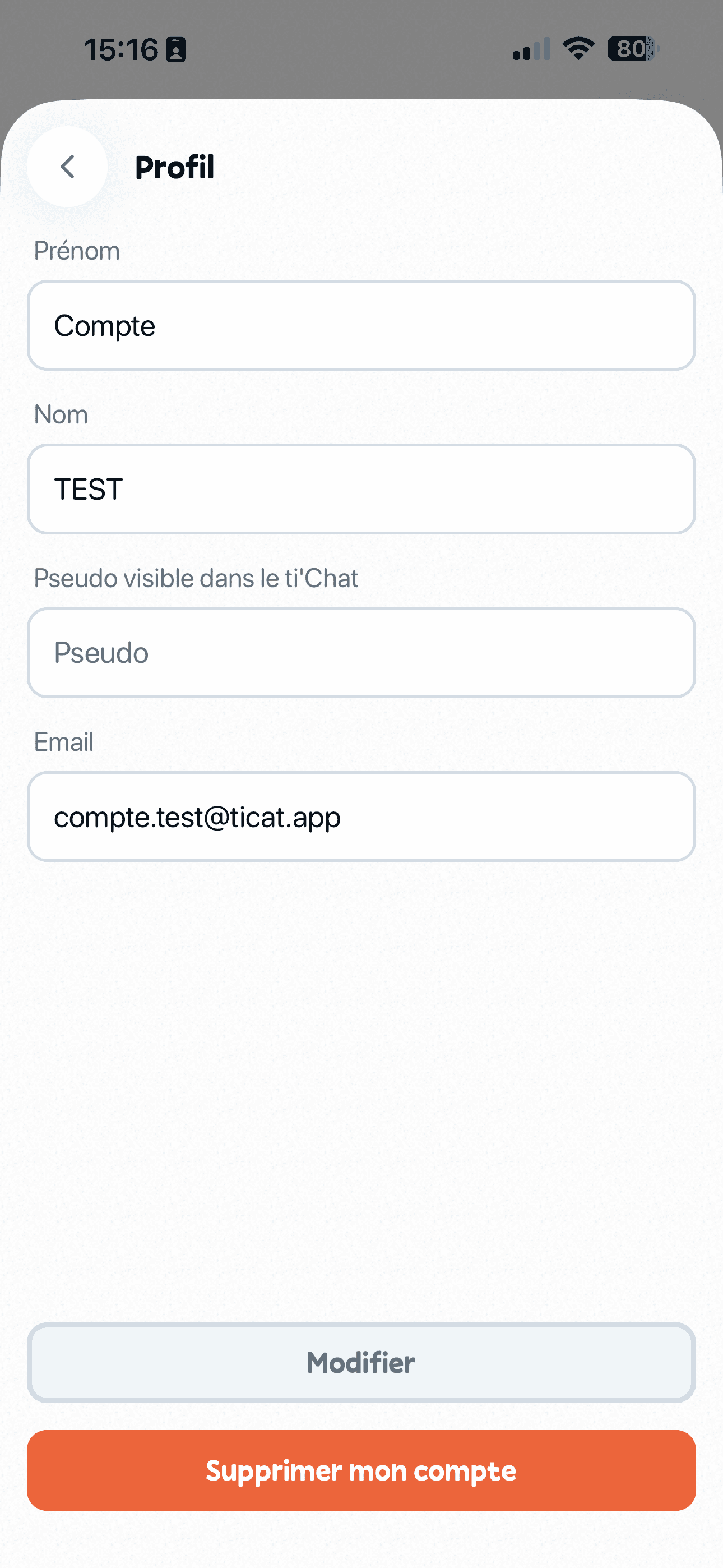 Page Profil avec le bouton Supprimer mon compte en bas