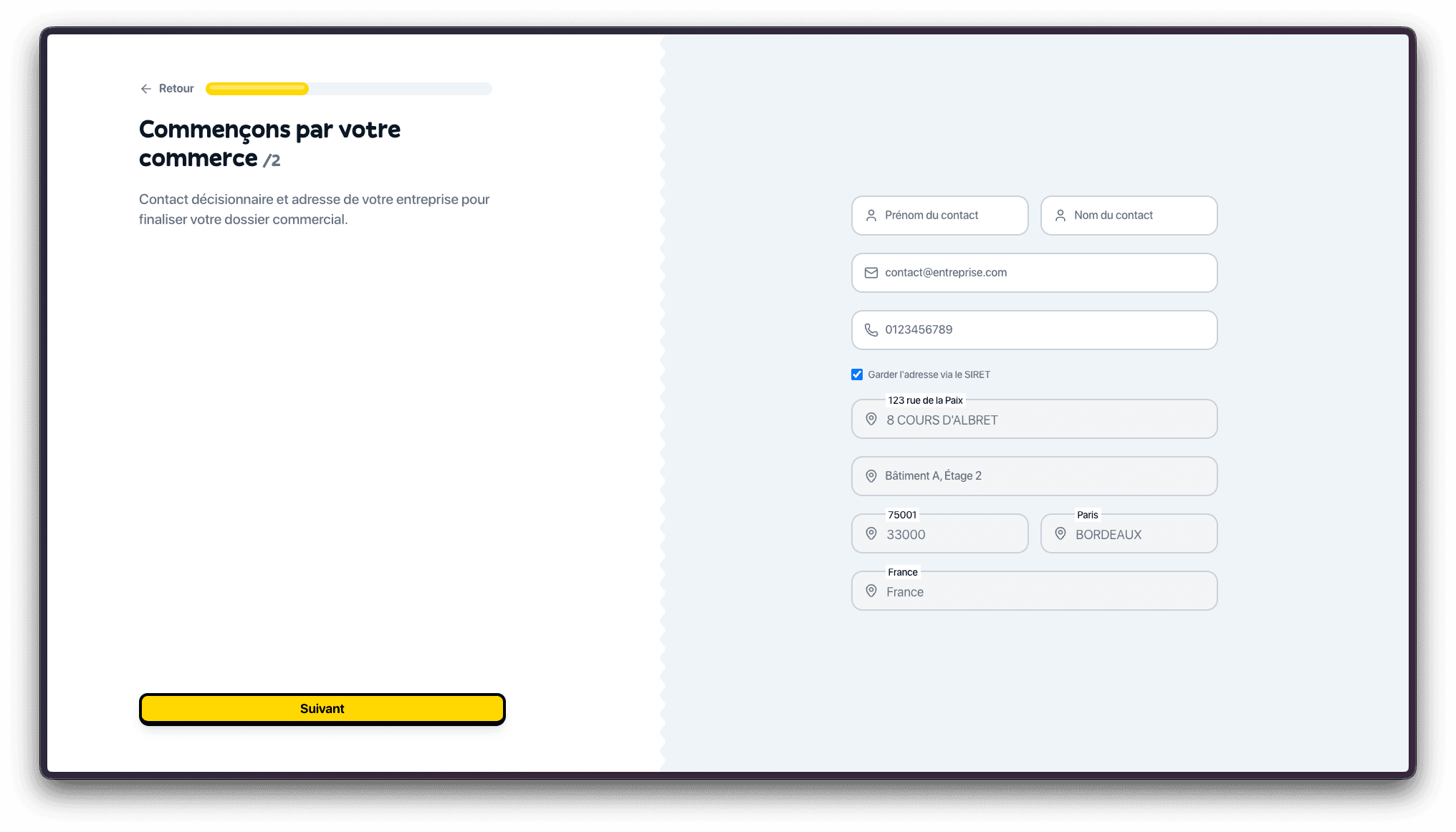 Formulaire des informations de contact et d'adresse de l'entreprise