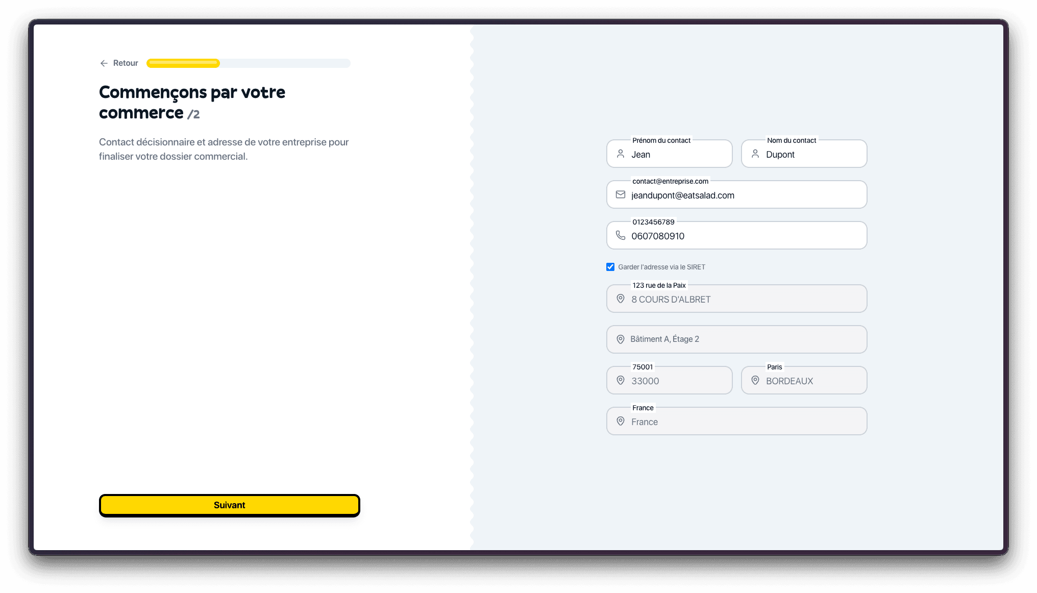 Informations de contact du commerce remplies