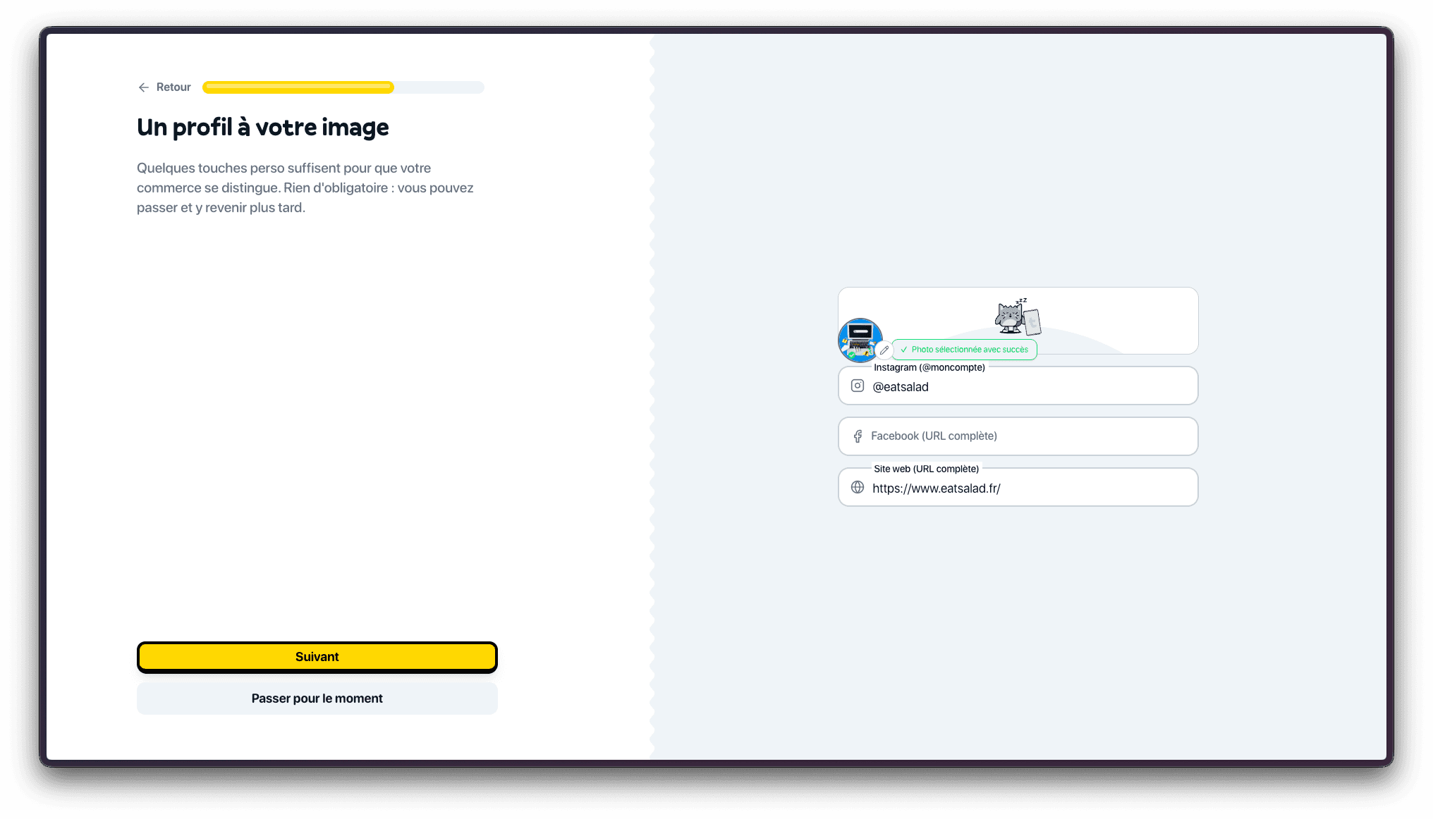 Profil du commerce avec image, Instagram et site web renseignés