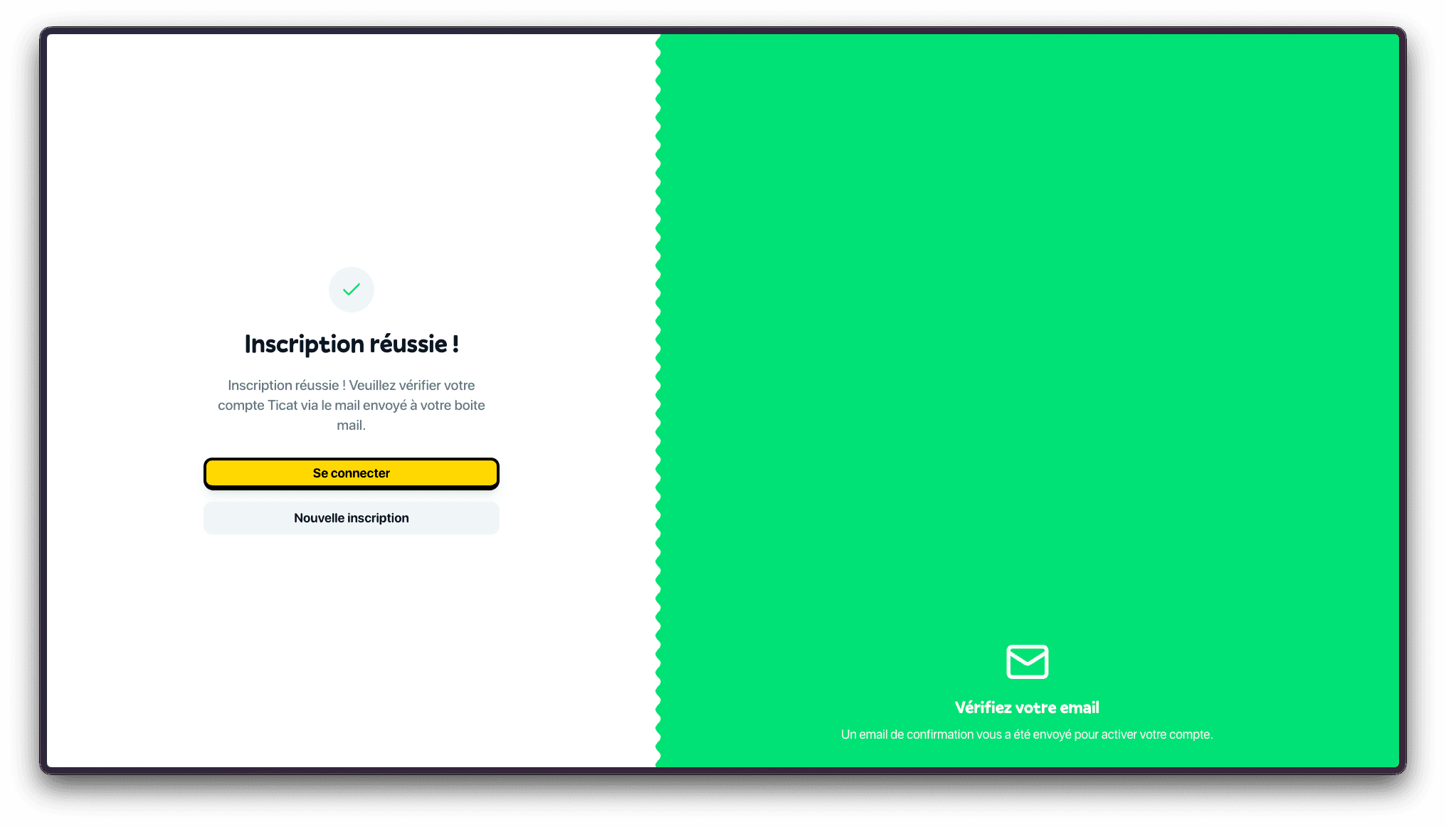 Écran de confirmation d'inscription réussie avec demande de vérification e-mail