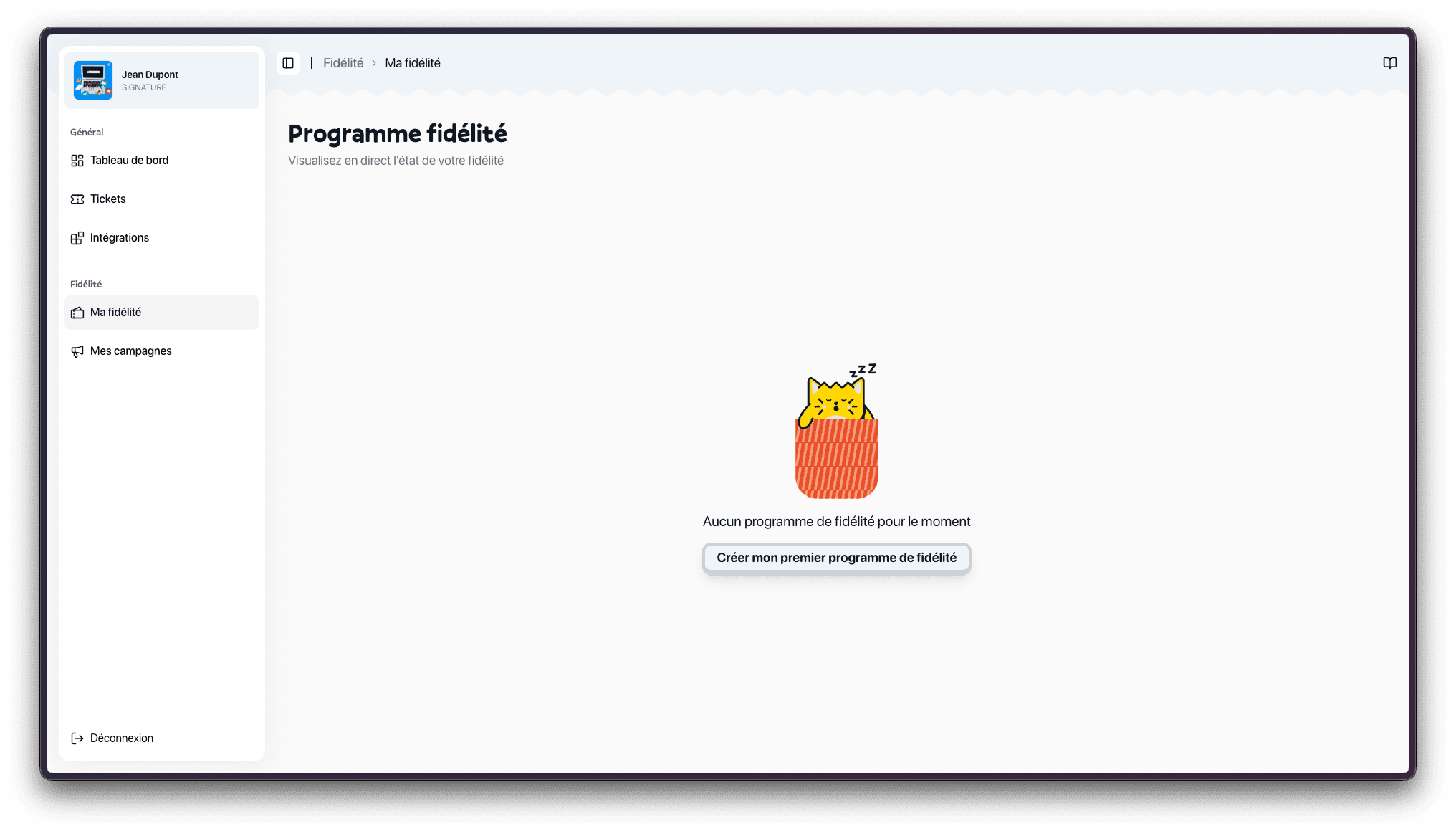Dashboard sans programme de fidélité