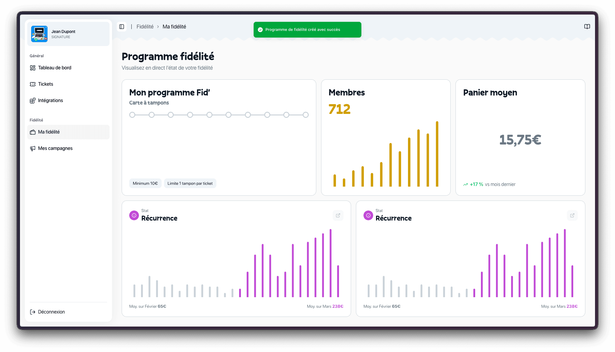 Dashboard avec programme de fidélité actif