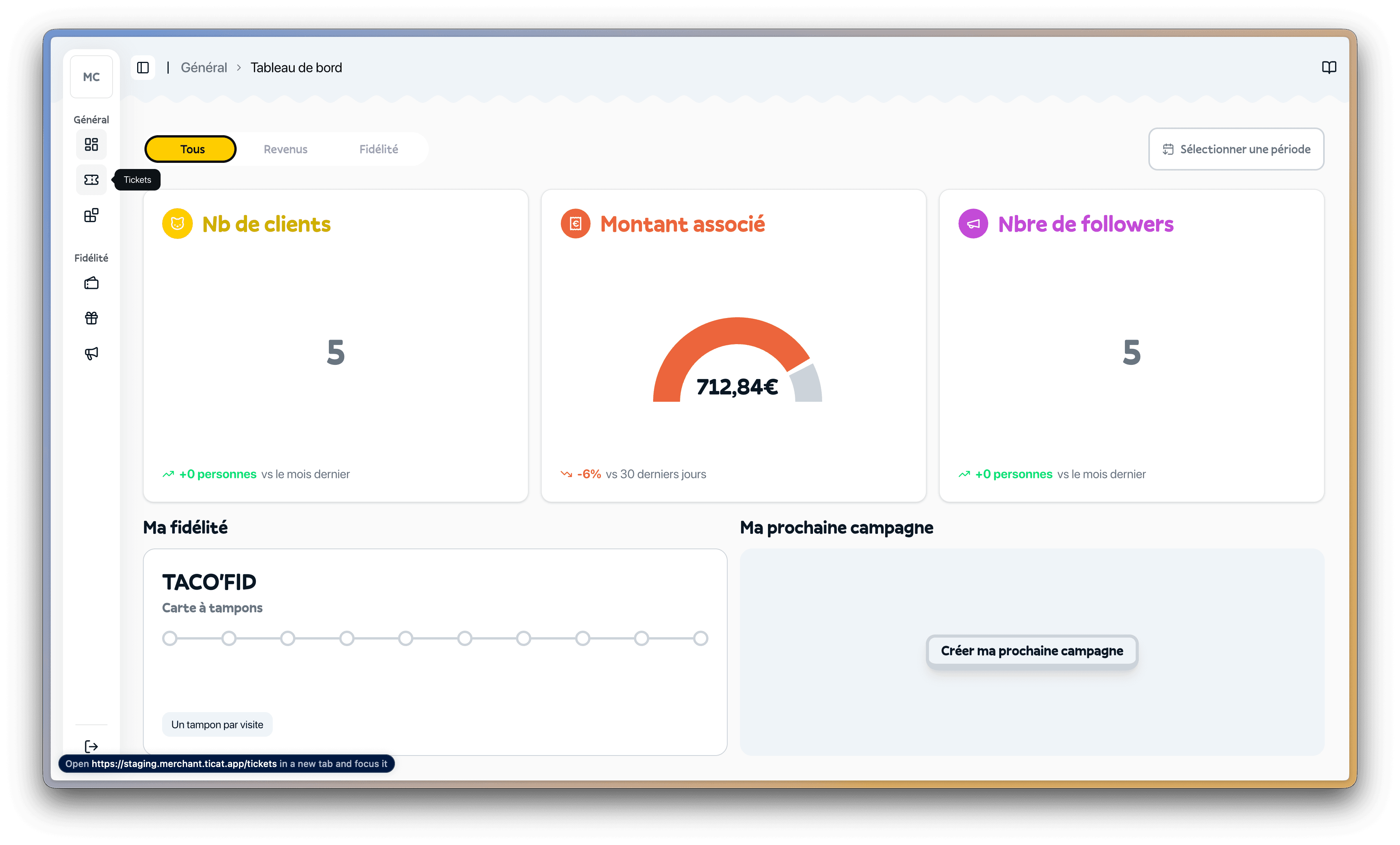 Bouton Tickets dans le menu latéral du dashboard marchand